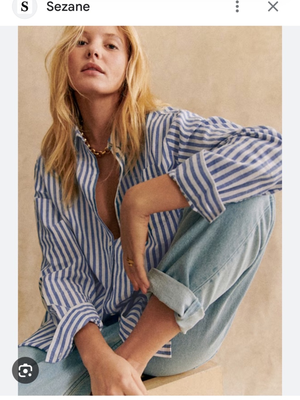 Sezane Blue and White Vertical Stripe Button Chemise Max